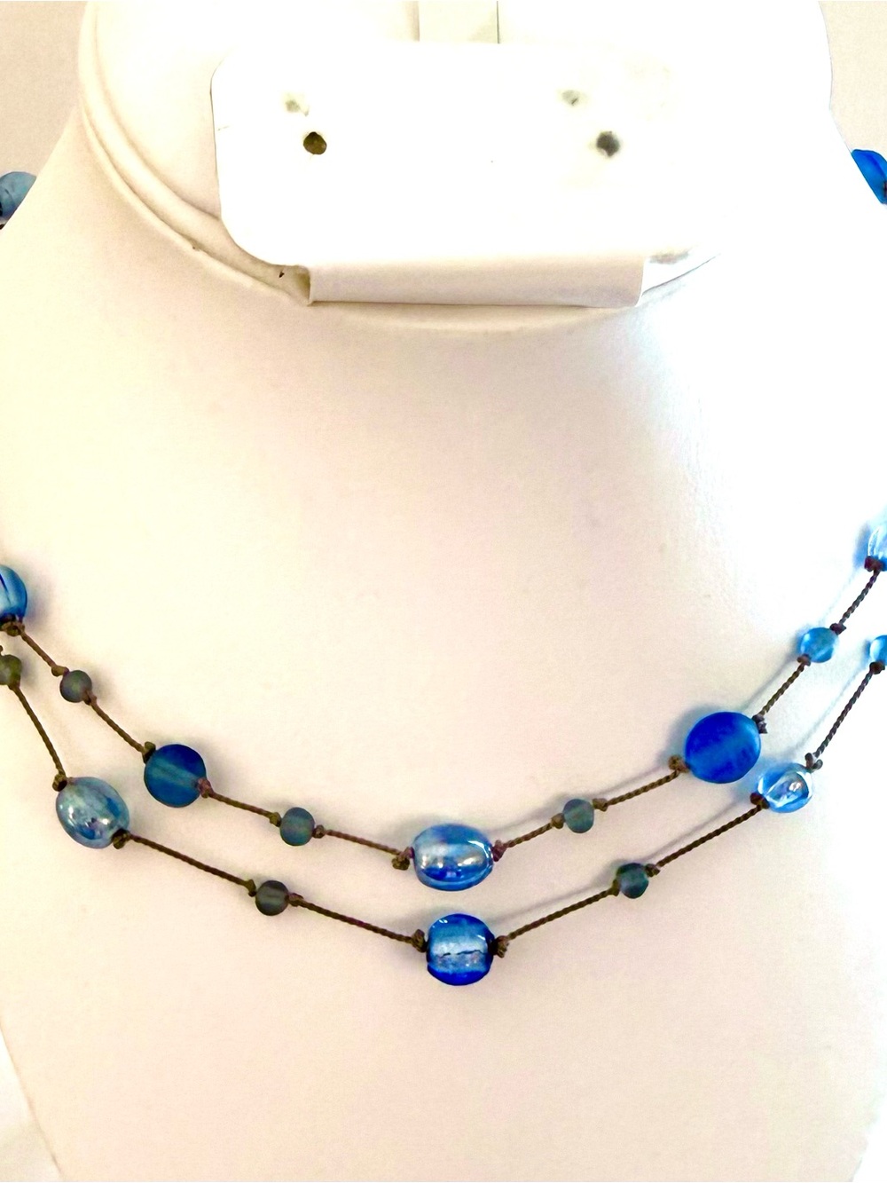 Nine West 925 Sterling Silver Blue Glass Bead Multi Strand Necklace 16-18"